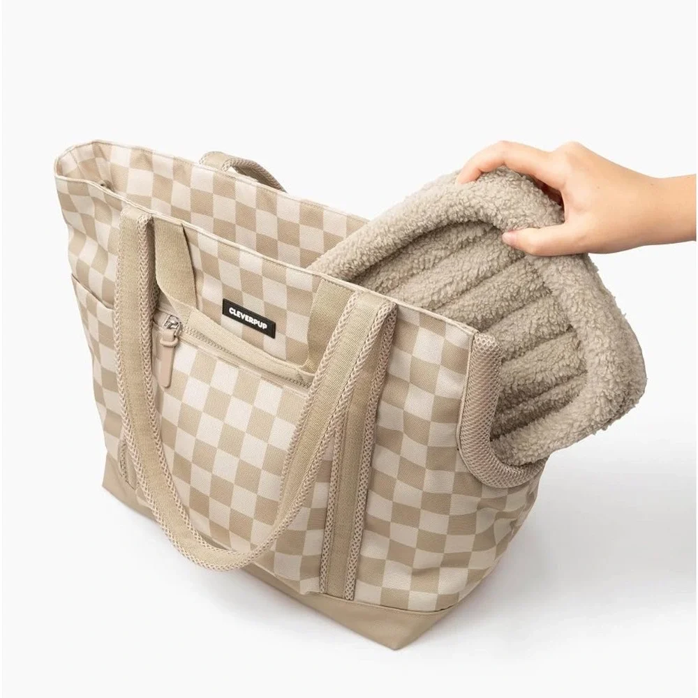 Cleverpup Transit Tote Medium Dog Carrier Tan Checkered NWT Travel Bag 8-20lbs
